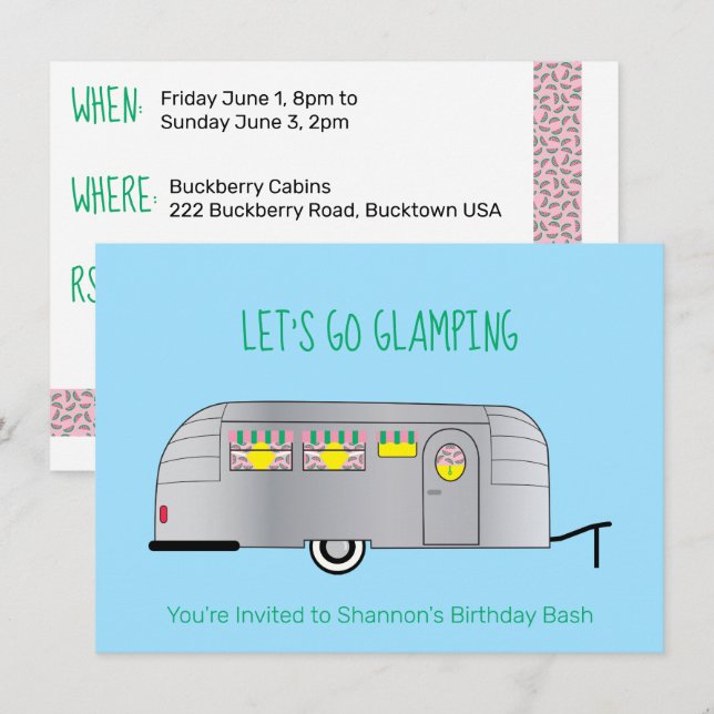 Invitación Camper Retro Plateado Aerodinámico Glamping (Anverso / Reverso)