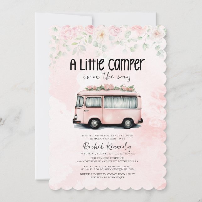 Invitación Camper Retro Rosa A Pequeña Camper Baby Shower (Anverso)