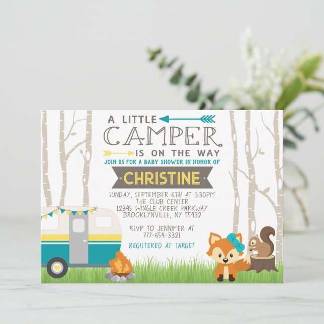 Invitación Camper RV verde azulado y amarillo Woodland Baby S (Anverso de pie)