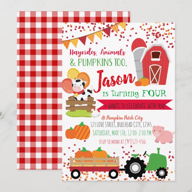 Invitación Campesina de parche de calabaza Niños Red Gingham  (Anverso / Reverso)