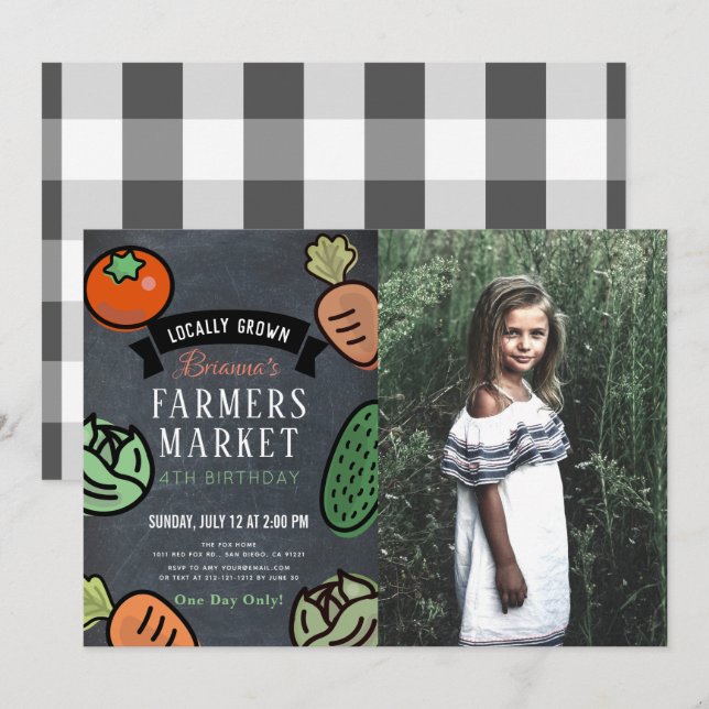 Invitación Campesinos Comercian Chalkboard Niños Foto Cumplea (Anverso / Reverso)