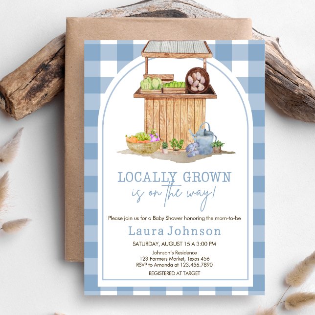 Invitación Campesinos cultivados en el mercado local de Baby  (Blue Farmers Market Locally Grown Baby Shower Invitation)