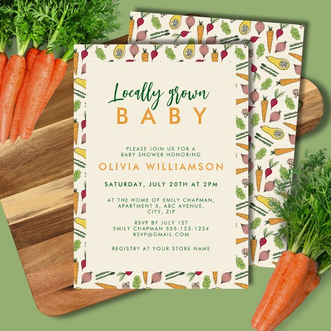 Invitación Campesinos cultivados localmente comercializan Bab (Locally grown baby shower invitation for gender neutral farmers market vegetable theme.)