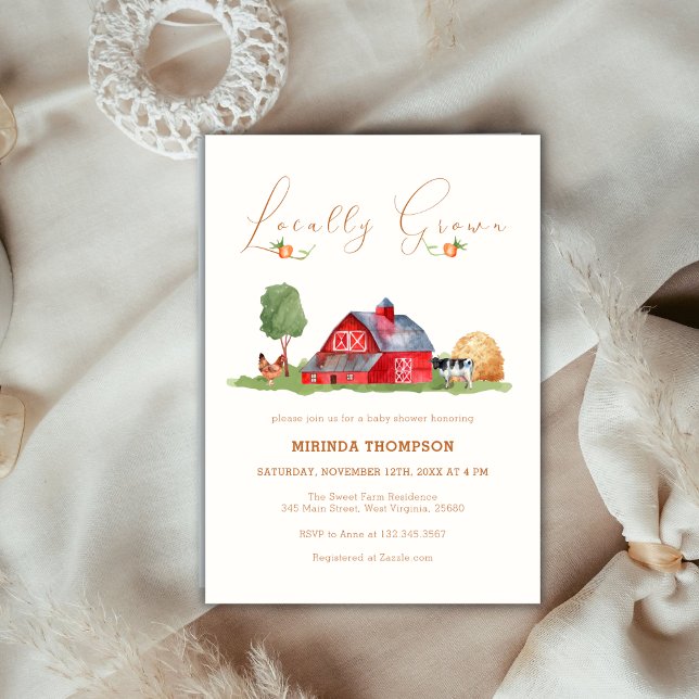 Invitación Campesinos cultivados localmente Comercian Barn Ba (Locally Grown Farmers Market Barn Baby Shower Invitation)