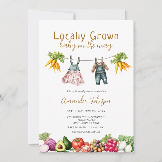 Invitación Campesinos cultivados localmente en Baby Shower (Anverso)