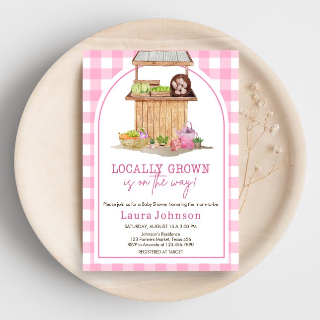 Invitación Campesinos de raza rosa cultivados en el mercado B (Pink Farmers Market Locally Grown Baby Shower Invitation)