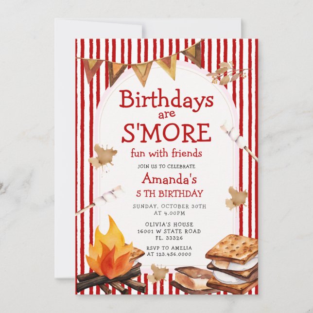 Invitación Campfire Red Stripes Birthday are S'mores Fun (Anverso)