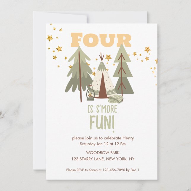 Invitación Camping Adventure S'more Cuarto Cumpleaños (Anverso)
