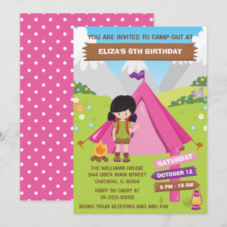 Invitación Camping al aire libre fiesta de cumpleaños Chica d