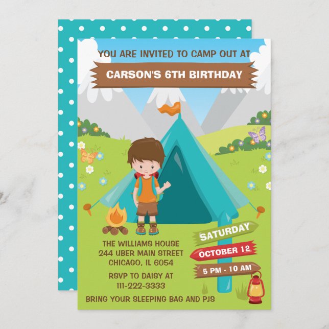 Invitación Camping Al Aire Libre Fiesta De Cumpleaños Hair Bo (Anverso / Reverso)
