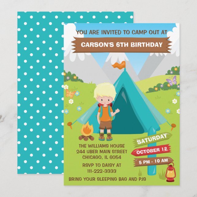 Invitación Camping Al Aire Libre Fiesta De Cumpleaños Hair Bo (Anverso / Reverso)