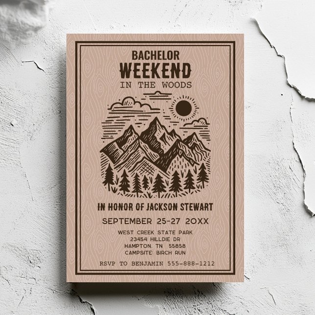 Invitación Camping Bacheler Party (Camping Bachelor Party Invitation with modern mountains.)