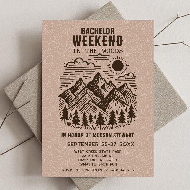 Invitación Camping Bachelor Party (Camping Bachelor Party Invitation with Modern Mountains)