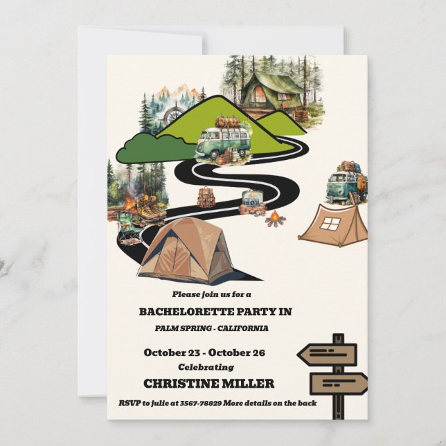 Invitación Camping Bachelorette Weekend Itinerary (Anverso)