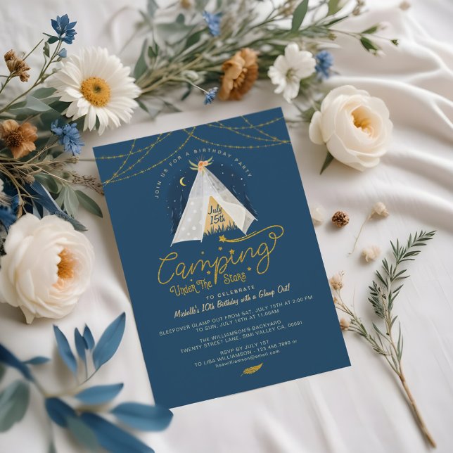 Invitación Camping Bajo las Estrellas Tepee Azul Marino y Dor (Holiday Cheer Shinny Script Typographic Christmas Throw Pillow)