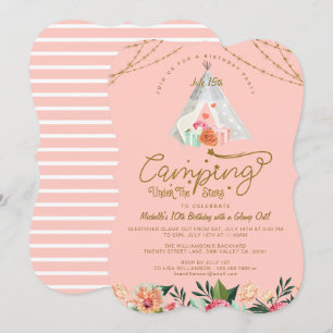 Invitación Camping bajo las estrellas Tepee Camping Rosa y Or