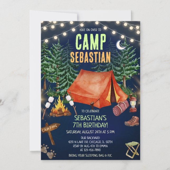 Invitación Camping Birthday Party  (Anverso)