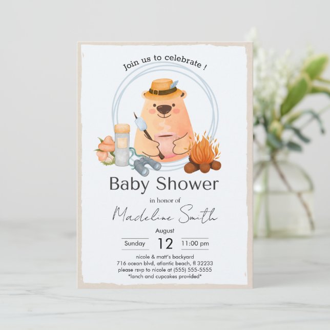 Invitación Camping Bonfire Bear Baby Shower Invitation (Anverso de pie)