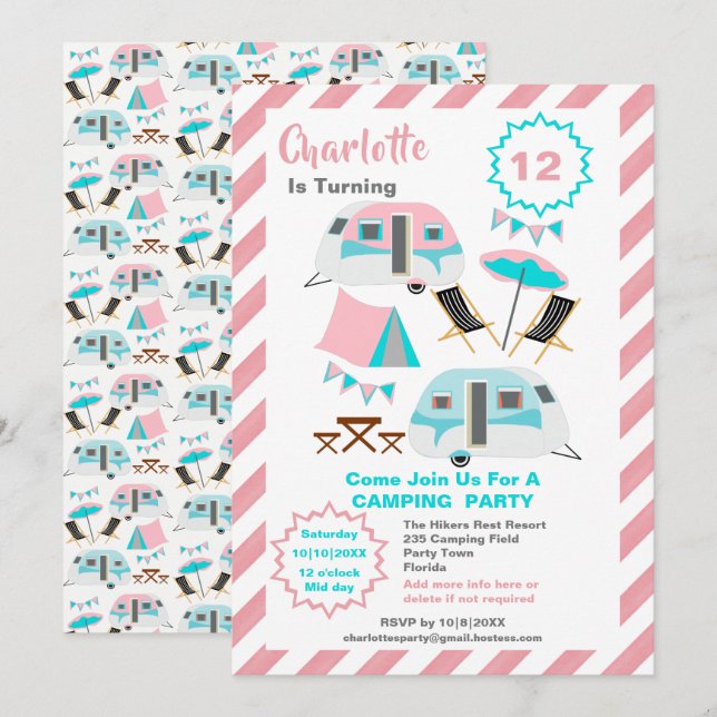 Invitación Camping Cumpleaños Party Cute Retro Style  (Anverso / Reverso)