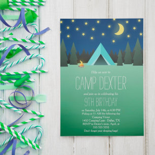 Invitación Camping de cumpleaños con carpas azules bajo las e