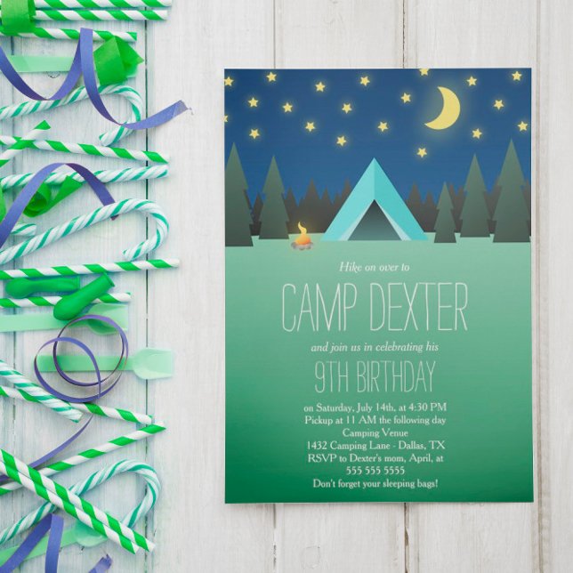 Invitación Camping de cumpleaños con carpas azules bajo las e (Subido por el creador)