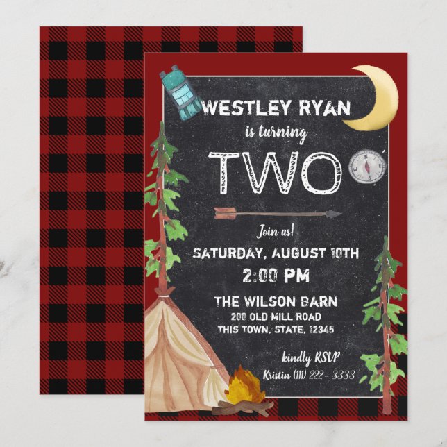 Invitación Camping de cumpleaños de Camper Buffalo Plaid (Anverso / Reverso)