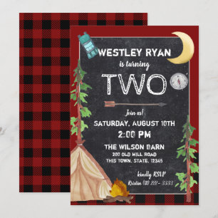 Invitación Camping de cumpleaños de Camper Buffalo Plaid