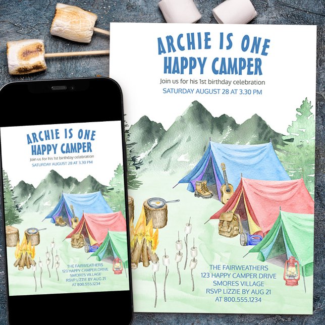 Invitación Camping de primer cumpleaños de un Camper Feliz (Subido por el creador)