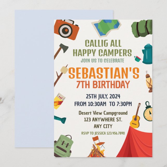 Invitación Camping Fiesta de cumpleaños niños modernos Invita (Anverso / Reverso)