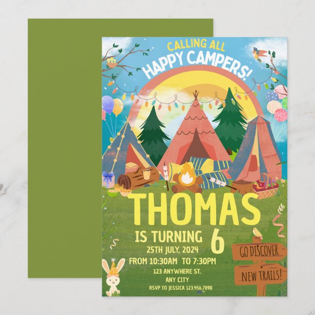 Invitación Camping Fiesta de cumpleaños niños modernos Invita (Anverso / Reverso)