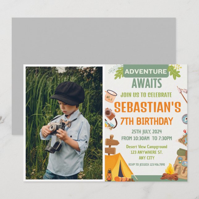 Invitación Camping Fiesta de cumpleaños niños modernos Invita (Anverso / Reverso)