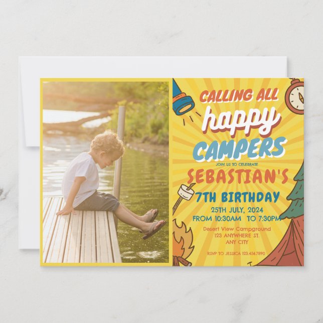 Invitación Camping Fiesta de cumpleaños niños modernos Invita (Anverso)