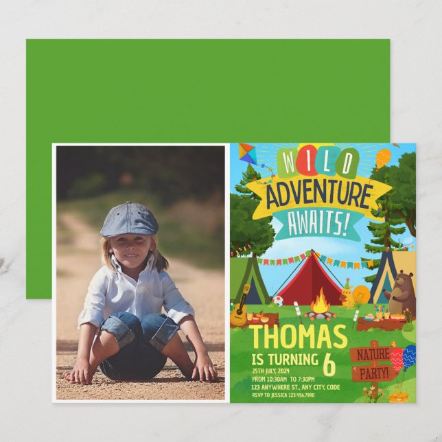 Invitación Camping Fiesta de cumpleaños niños modernos Invita (Anverso / Reverso)