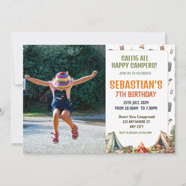 Invitación Camping Fiesta de cumpleaños niños modernos Invita (Anverso)