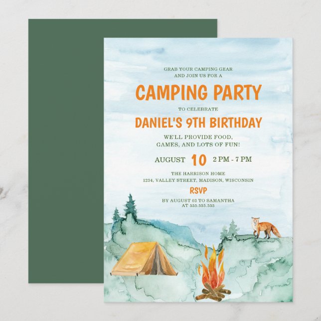 Invitación Camping Fiesta Woodland Watercolor Tent Cumpleaños (Anverso / Reverso)