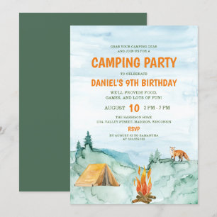 Invitación Camping Fiesta Woodland Watercolor Tent Cumpleaños