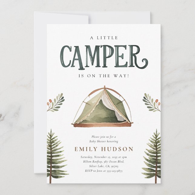 Invitación Camping Forest Watercolor Baby Shower (Anverso)