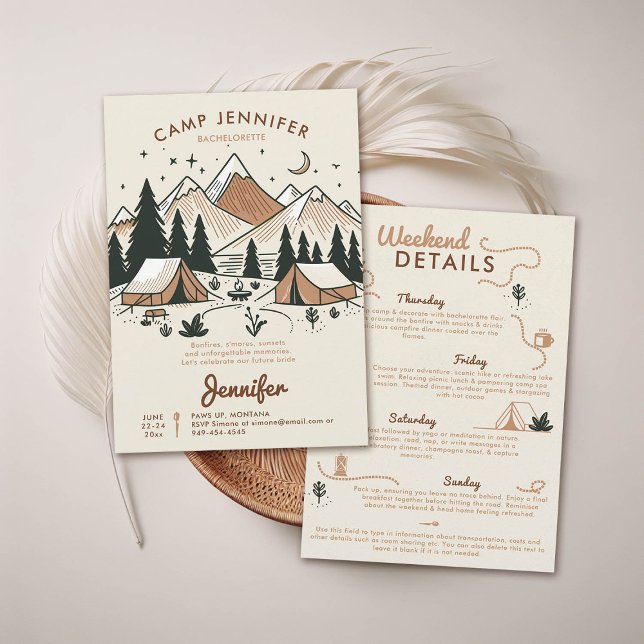 Invitación Camping Glamour Camp Earl Bachelorette Party (camping bachelorette weekend trip itinerary modern minimalist camp bride bridesmaids mountains earth)