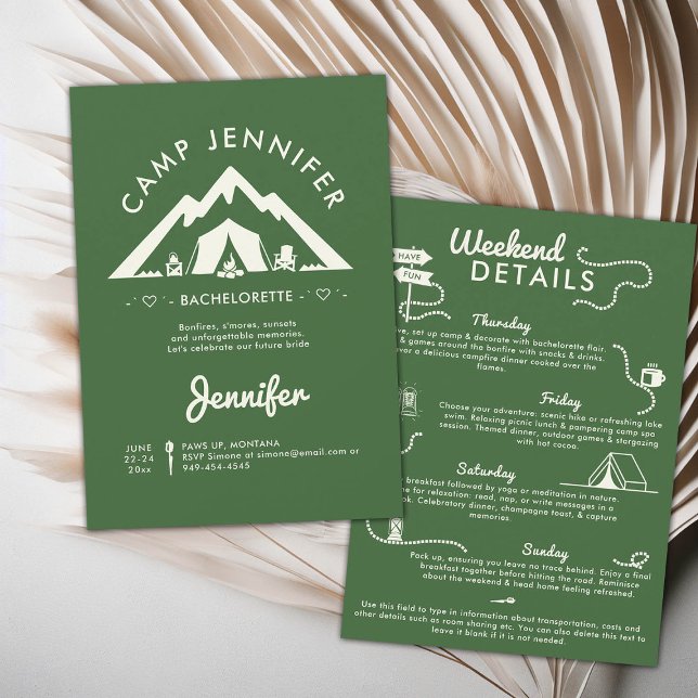 Invitación Camping Glamour Camp Green Bachelorette Party (camping bachelorette weekend trip itinerary modern minimalist camp bride bridesmaids mountain forest)