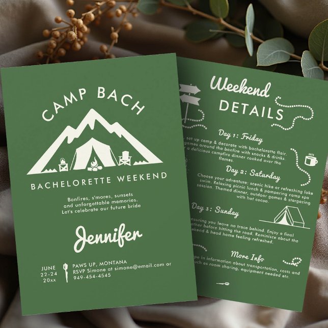 Invitación Camping Glamour Green 3 días Bachelorette Party (camping bachelorette itinerary camp bach green glamping 3 days elegant modern chic)