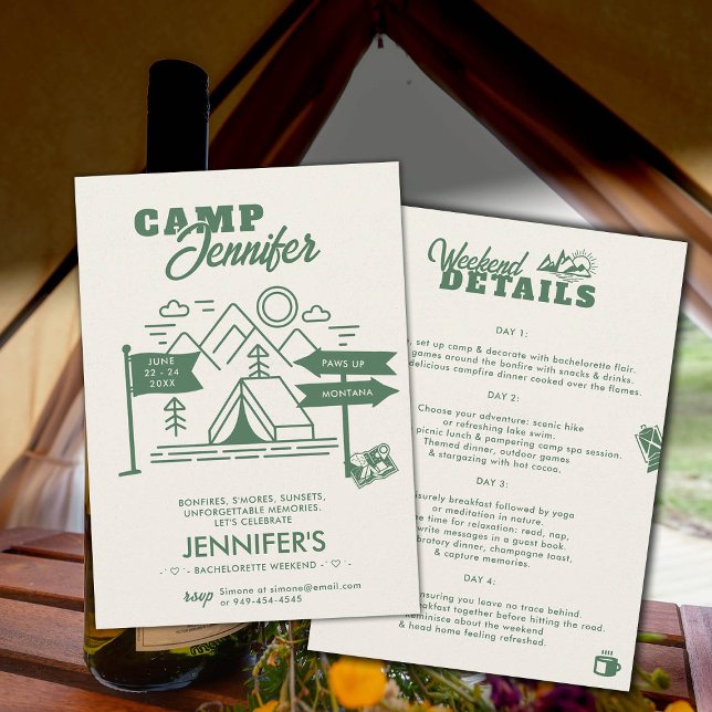 Invitación Camping Glamour Mountain Green Bachelorette Party (camping bachelorette weekend itinerary modern minimalist camp bride bridesmaids mountains)