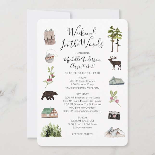 Invitación Camping Glamping Bachelorette Weekend Itinerario (Anverso)