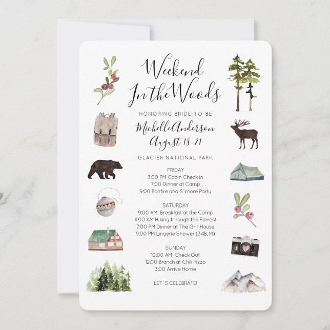 Invitación Camping Glamping Bachelorette Weekend Itinerario (Anverso)