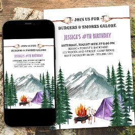 Invitación Camping Grill y Smores Camp Out Chica Cumpleaños