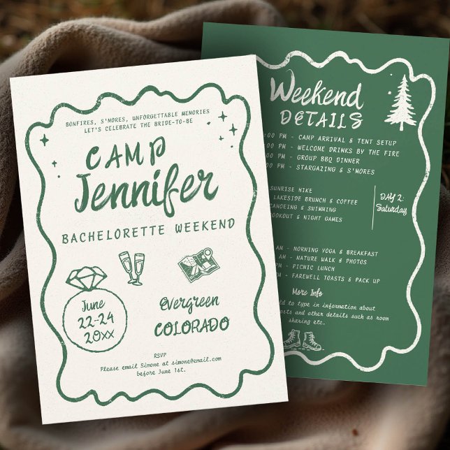 Invitación Camping Hand Drake Green Bach Bachelorette Party (camp bachelorette invitation handwriting hand written camping glamping hiking itinerary bach green)