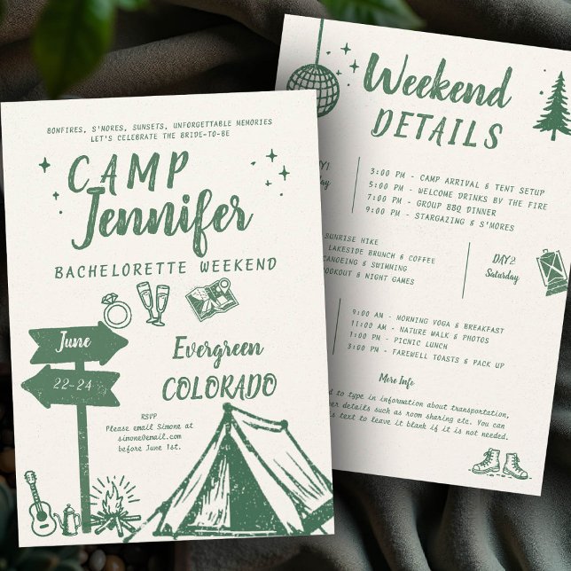 Invitación Camping Hand Writing Camp Green Bachelorette Party (camp bachelorette invitation handwriting hand written camping glamping hiking bach itinerary)