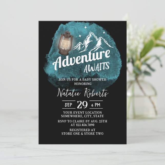 Invitación Camping Mountain Adventure Watercolor Baby Shower (Anverso de pie)