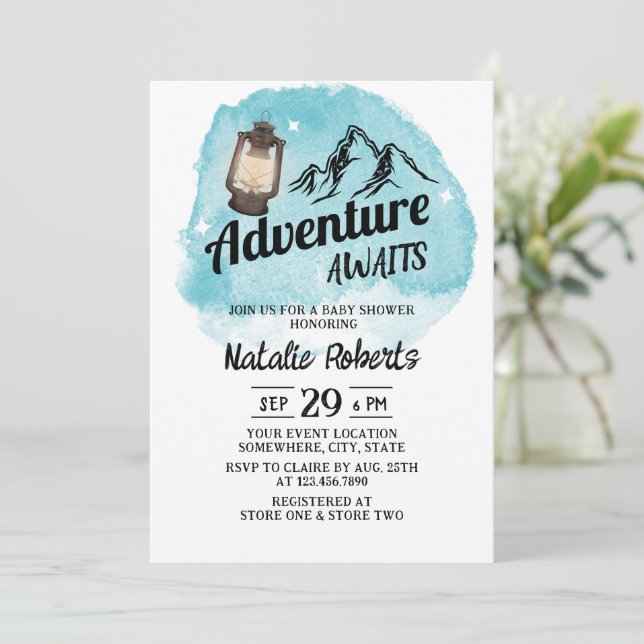Invitación Camping Mountain Adventure Watercolor Baby Shower (Anverso de pie)
