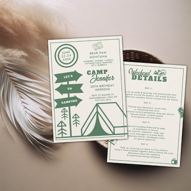 Invitación Camping Mountain Forest 30th Birthday Weekend Trip (camping 30th birthday weekend itinerary modern minimalist camp mountains forest green)