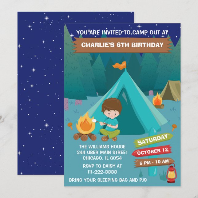 Invitación Camping Nocturno Fiesta de Nacimiento Hair Boy Inv (Anverso / Reverso)